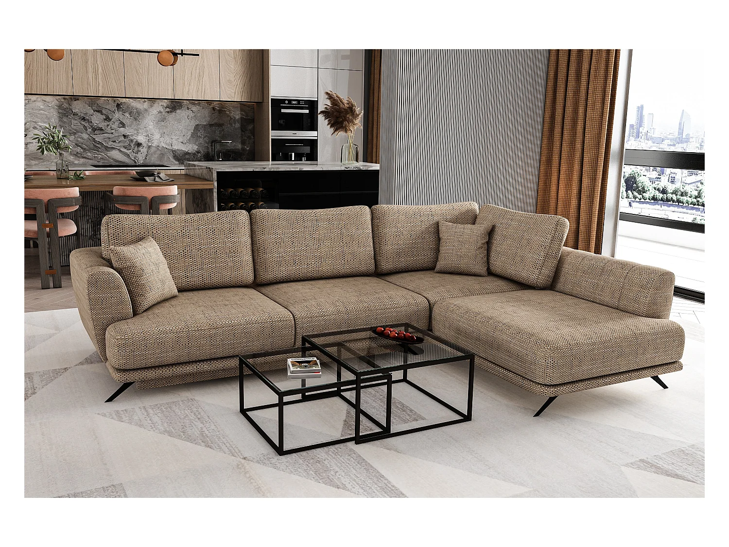 Canapé convertible angle droit tissu beige chiné Savary 280cm