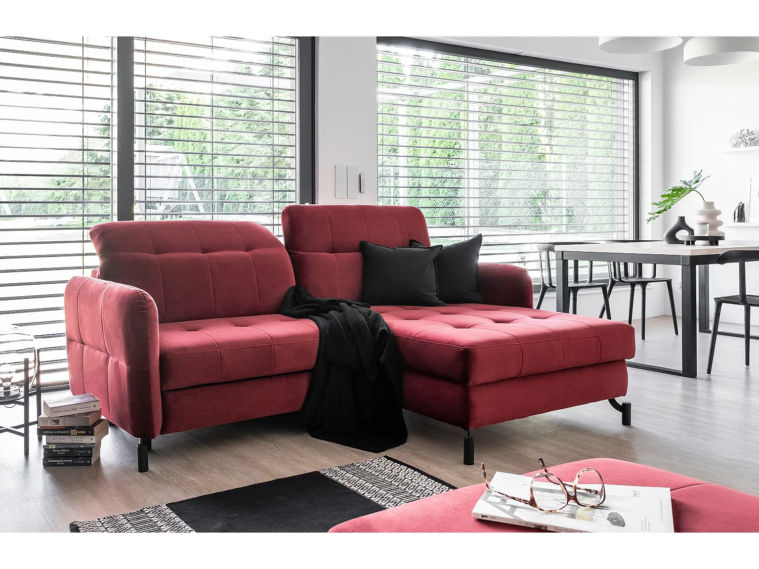 Canapé convertible angle droit avec têtières réglables velours matelassé jaune Lory 225cm