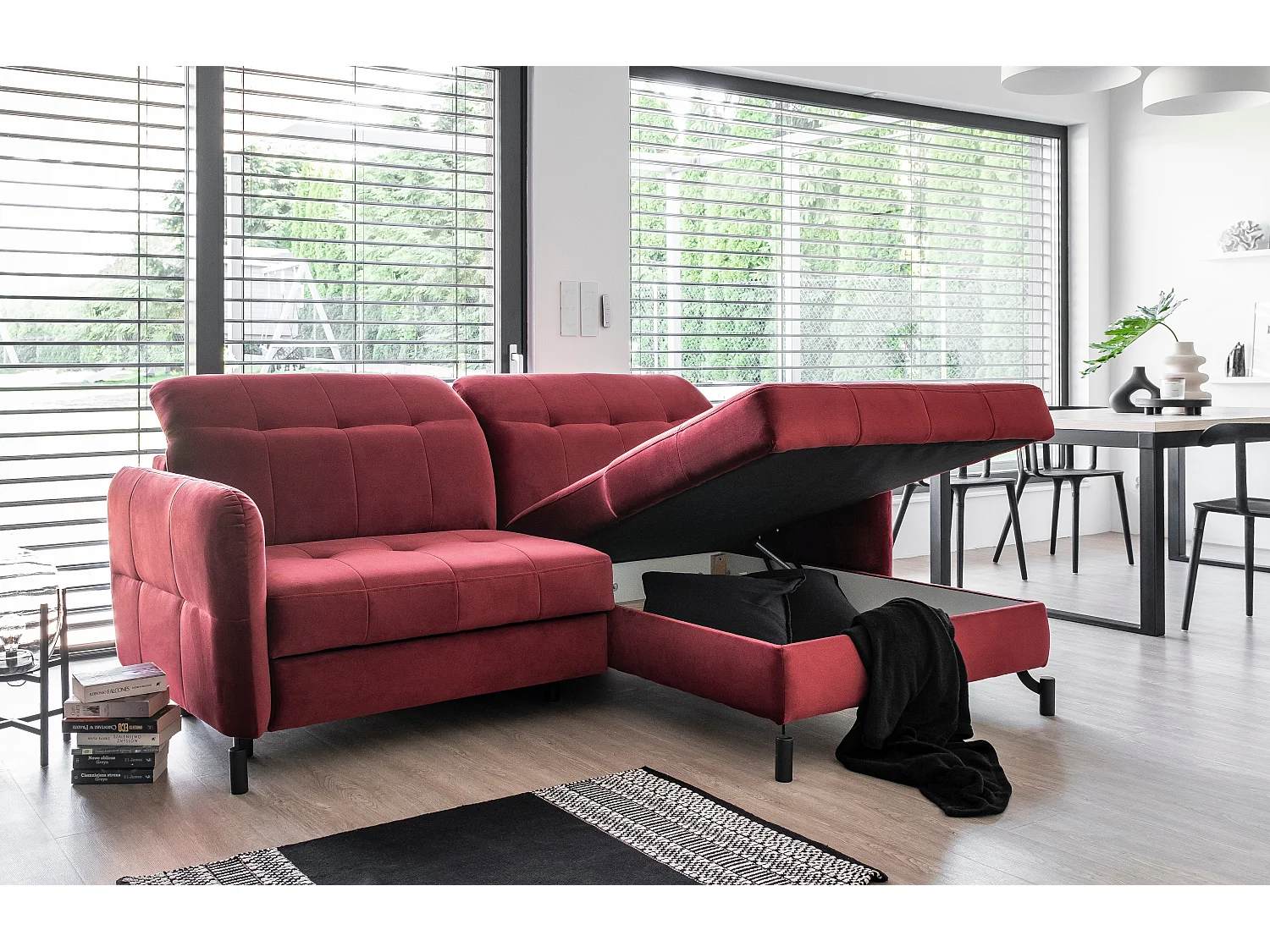 Canapé convertible angle droit avec têtières réglables velours matelassé jaune Lory 225cm