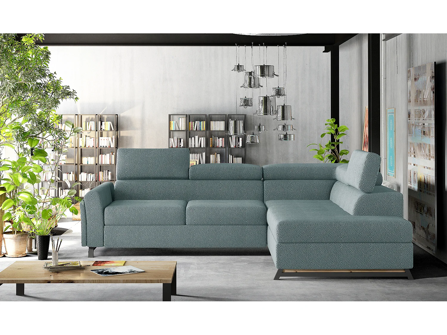 Canapé angle droit convertible velours vert viride avec têtières réglables Nikos 265cm