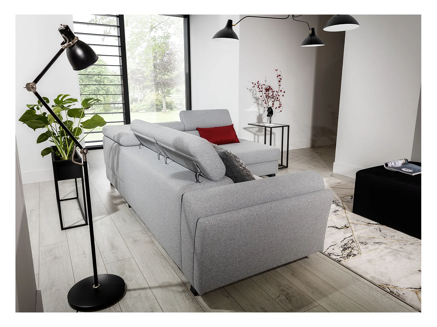 Canapé angle droit convertible velours vert viride avec têtières réglables Nikos 265cm