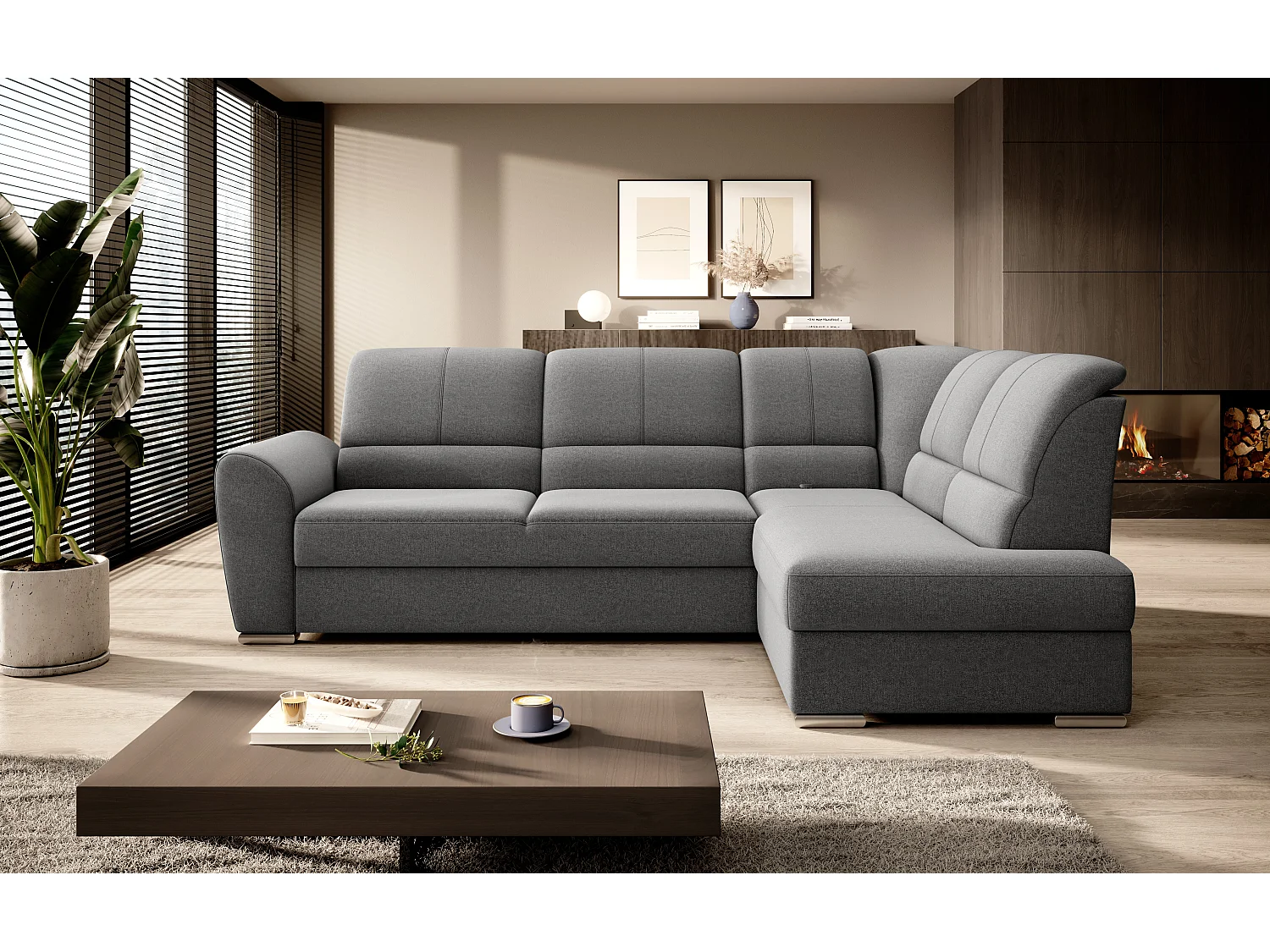 Canapé angle droit convertible tissu gris foncé et pieds acier chromé Zabor 270cm