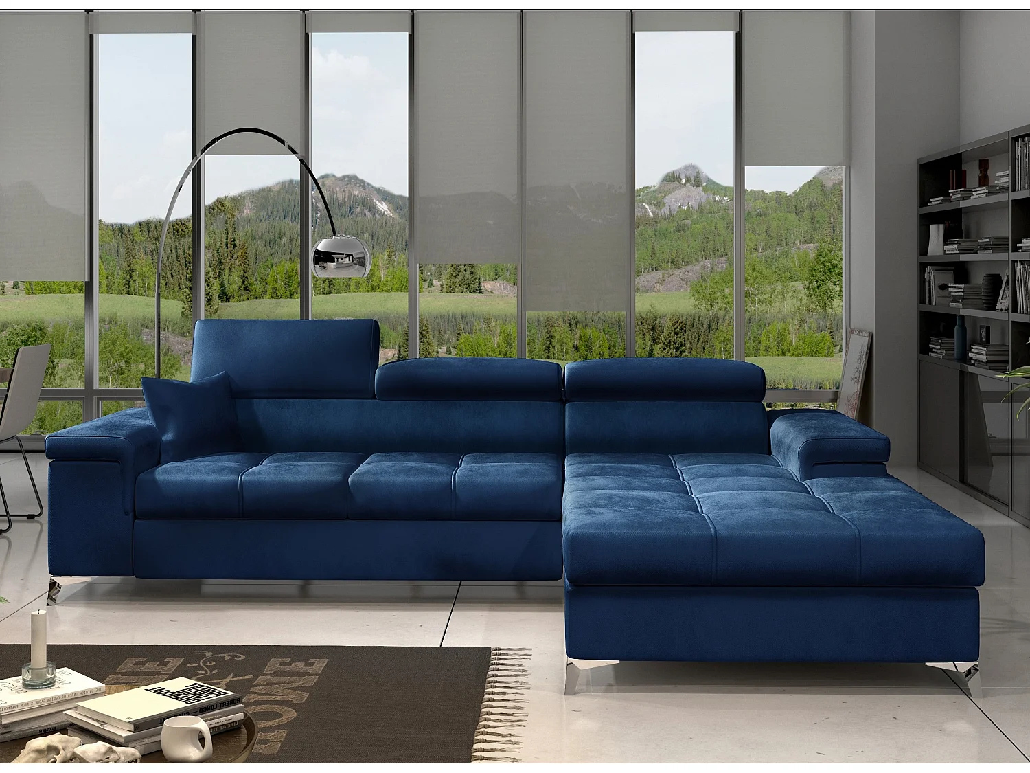 Canapé angle droit convertible velours bleu marine avec appuis-tête réglables Rikaro 280cm