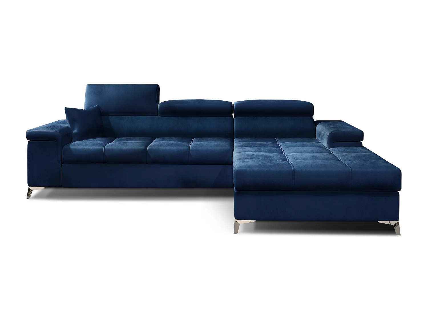 Sofá esquinero convertible RIKARO de terciopelo con reposacabezas ajustables - Base y patas de acero cromado-Azul oscuro-Ángulos rectos