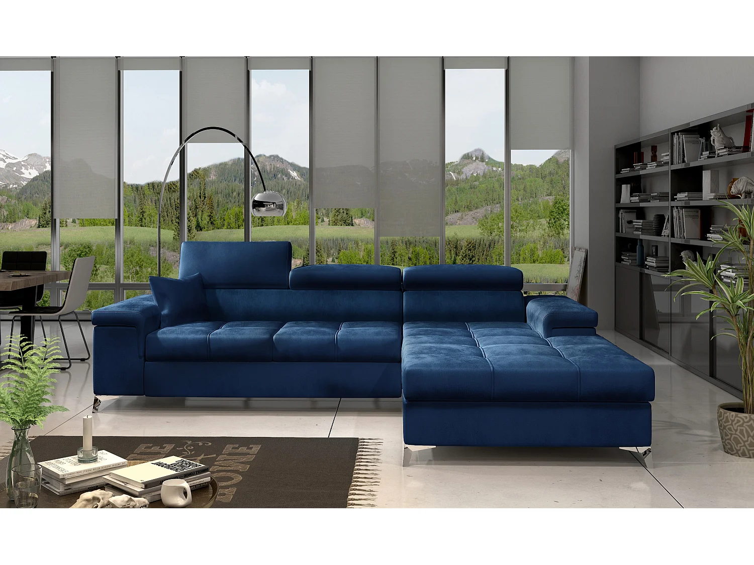 Sofá esquinero convertible RIKARO de terciopelo con reposacabezas ajustables - Base y patas de acero cromado-Azul oscuro-Ángulos rectos