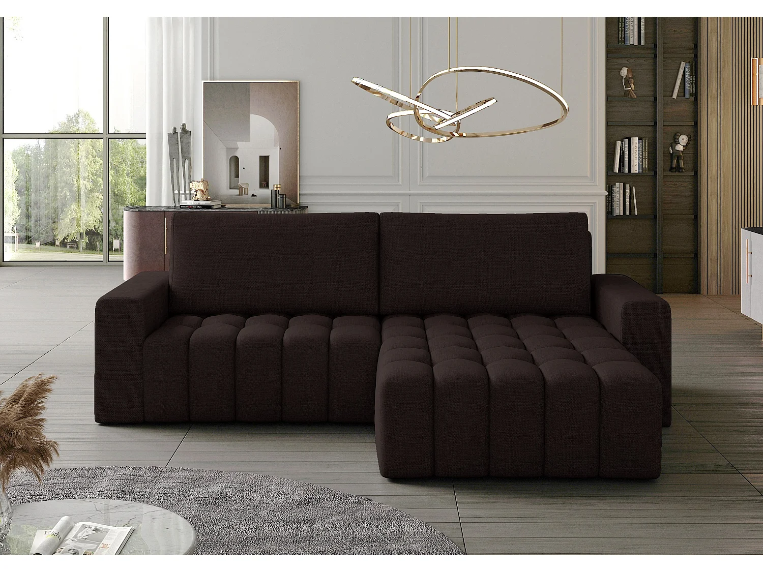 Canapé d’angle tissu capitonné BOZEN – Convertible et rangement-Marron foncé-angle droit