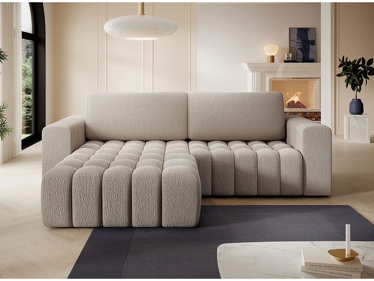 Canapé d’angle tissu capitonné BOZEN – Convertible et rangement-Marron foncé-angle droit