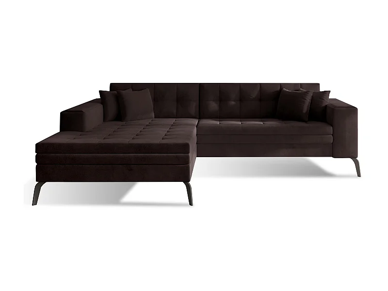 Canapé convertible capitonné angle gauche velours marron et pieds métal noir Lazor 295cm