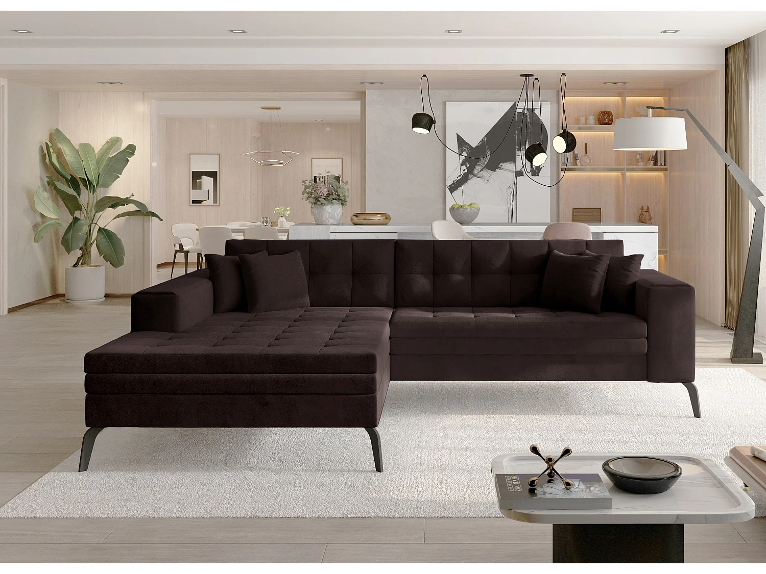 Converteerbare gewatteerde bank linkerhoek bruin fluweel en zwart metalen poten Lazor 295 cm