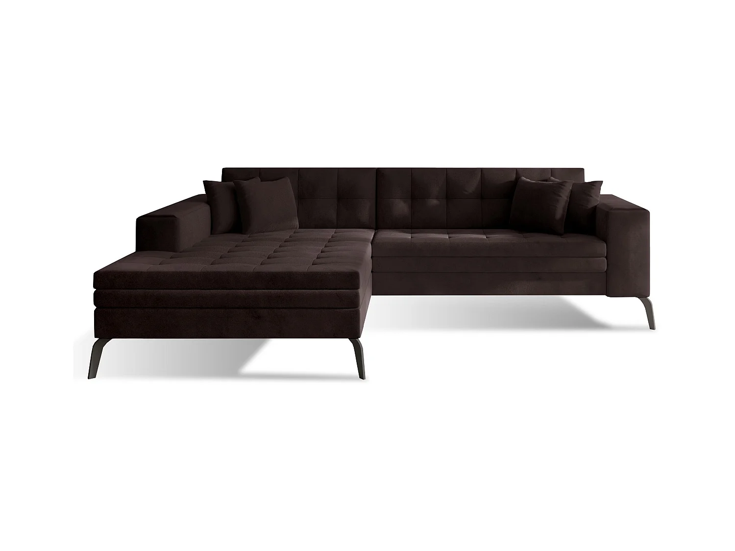 Canapé convertible capitonné angle gauche velours marron et pieds métal noir Lazor 295cm