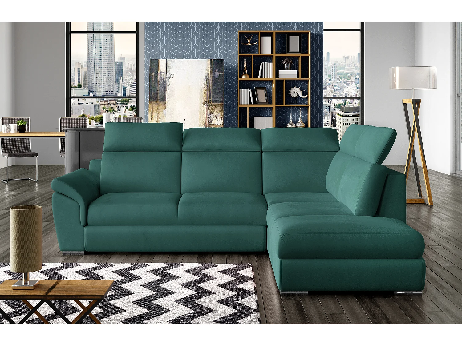 Canapé angle droit convertible velours bleu canard avec appuis-tête réglables Kepita 260cm