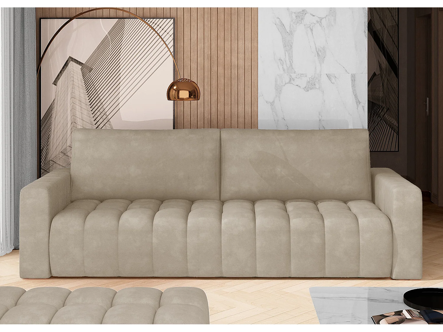 Canapé convertible 3 places velours beige clair avec coffre de rangement Larko 245cm