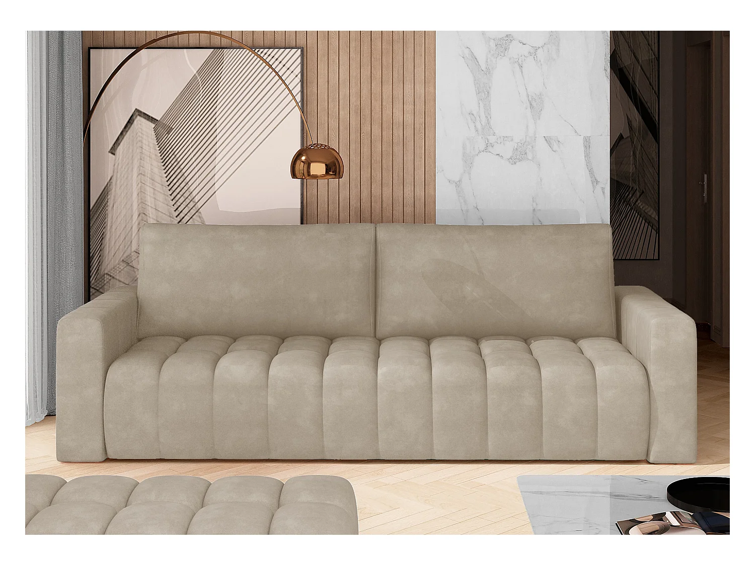 Canapé convertible 3 places velours beige clair avec coffre de rangement Larko 245cm