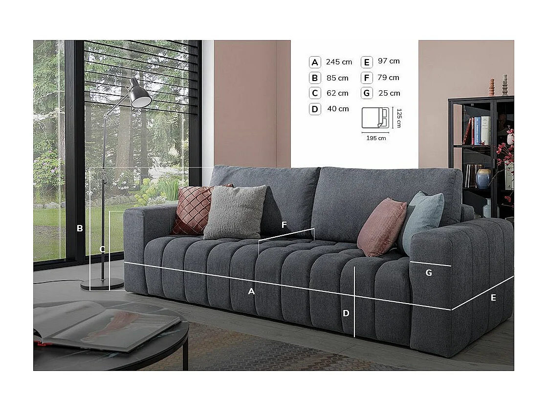 Canapé convertible 3 places velours beige clair avec coffre de rangement Larko 245cm