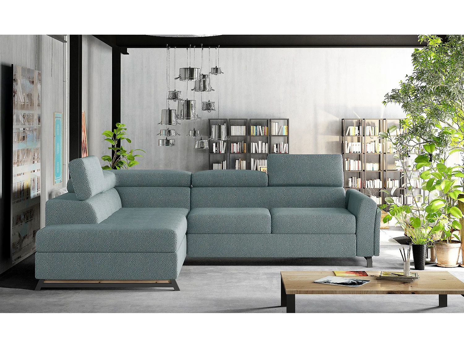 Canapé angle gauche convertible velours vert viride avec têtières réglables Nikos 265cm