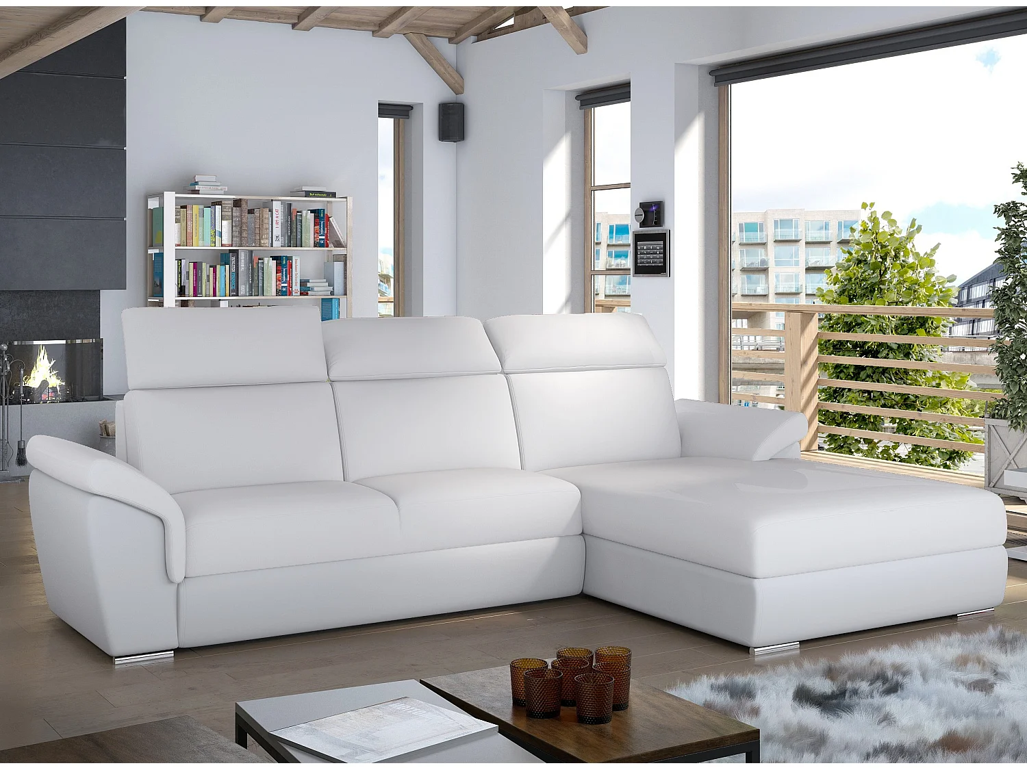 Canapé convertible d'angle droit simili cuir blanc Suzy 272cm