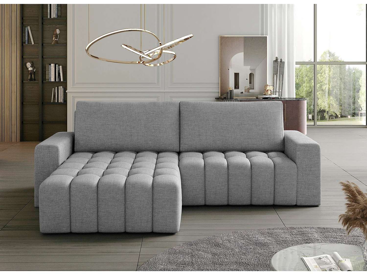 Canapé convertible design tissu matelassé gris clair chiné angle gauche Bozen 250cm