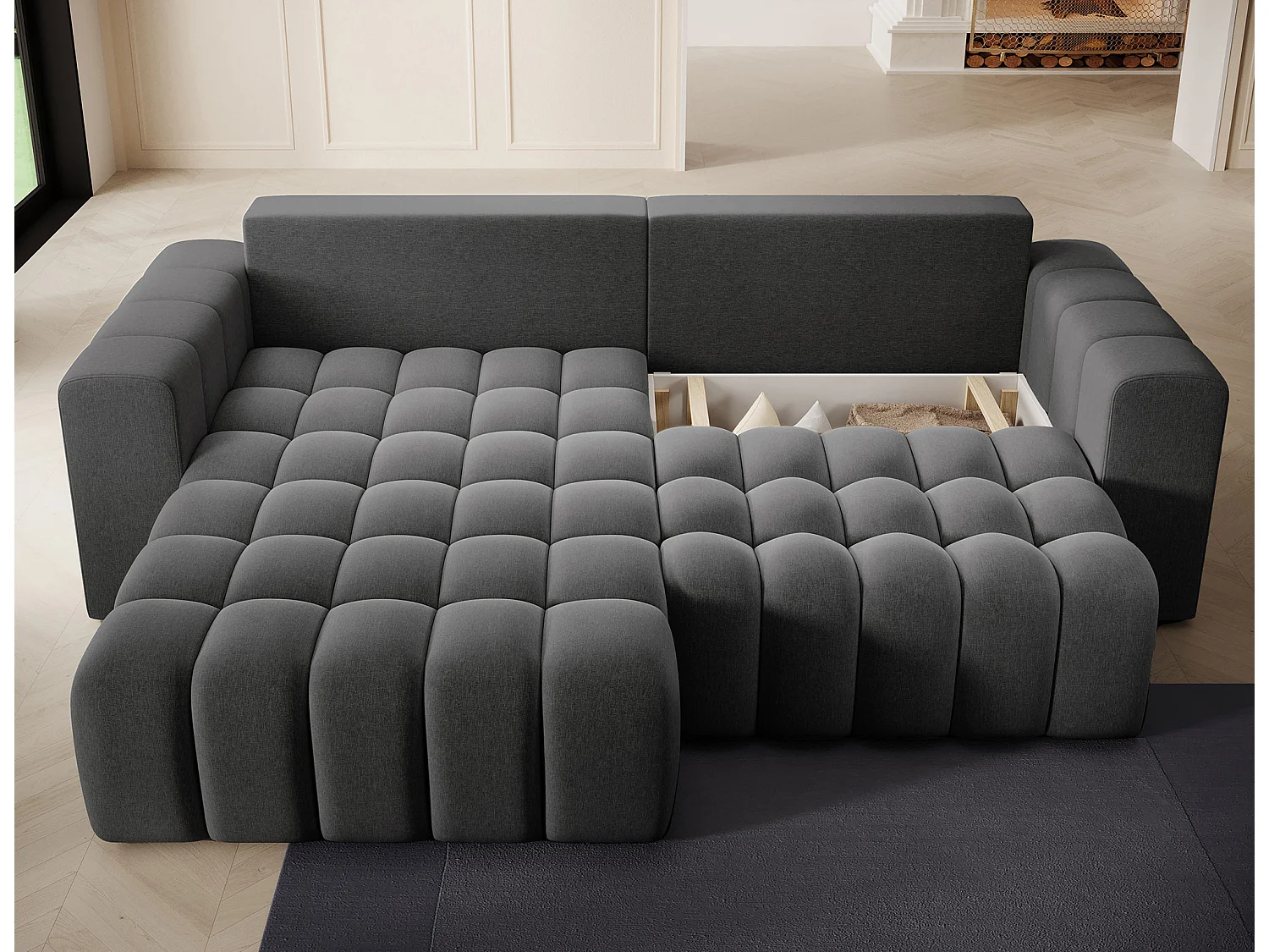 Bozen gewatteerde stoffen hoekbank – Converteerbaar en opbergruimte-Kleur Donkergrijs-linkerhoek