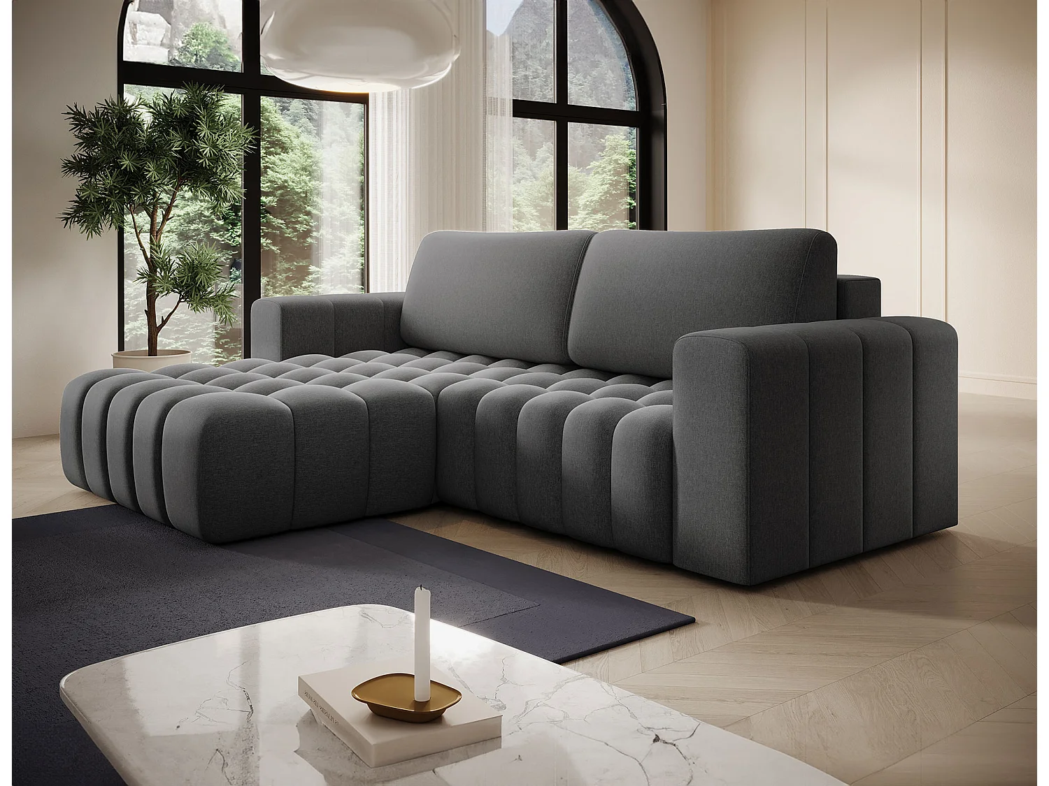 Bozen gewatteerde stoffen hoekbank – Converteerbaar en opbergruimte-Kleur Donkergrijs-linkerhoek