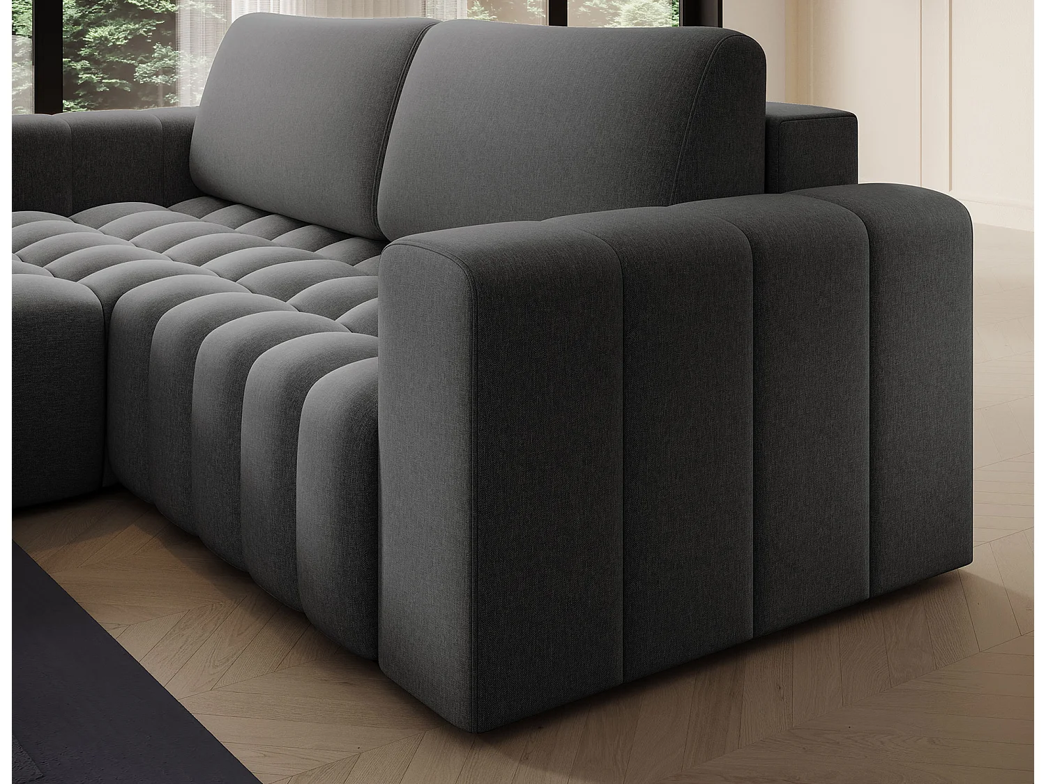 Bozen gewatteerde stoffen hoekbank – Converteerbaar en opbergruimte-Kleur Donkergrijs-linkerhoek