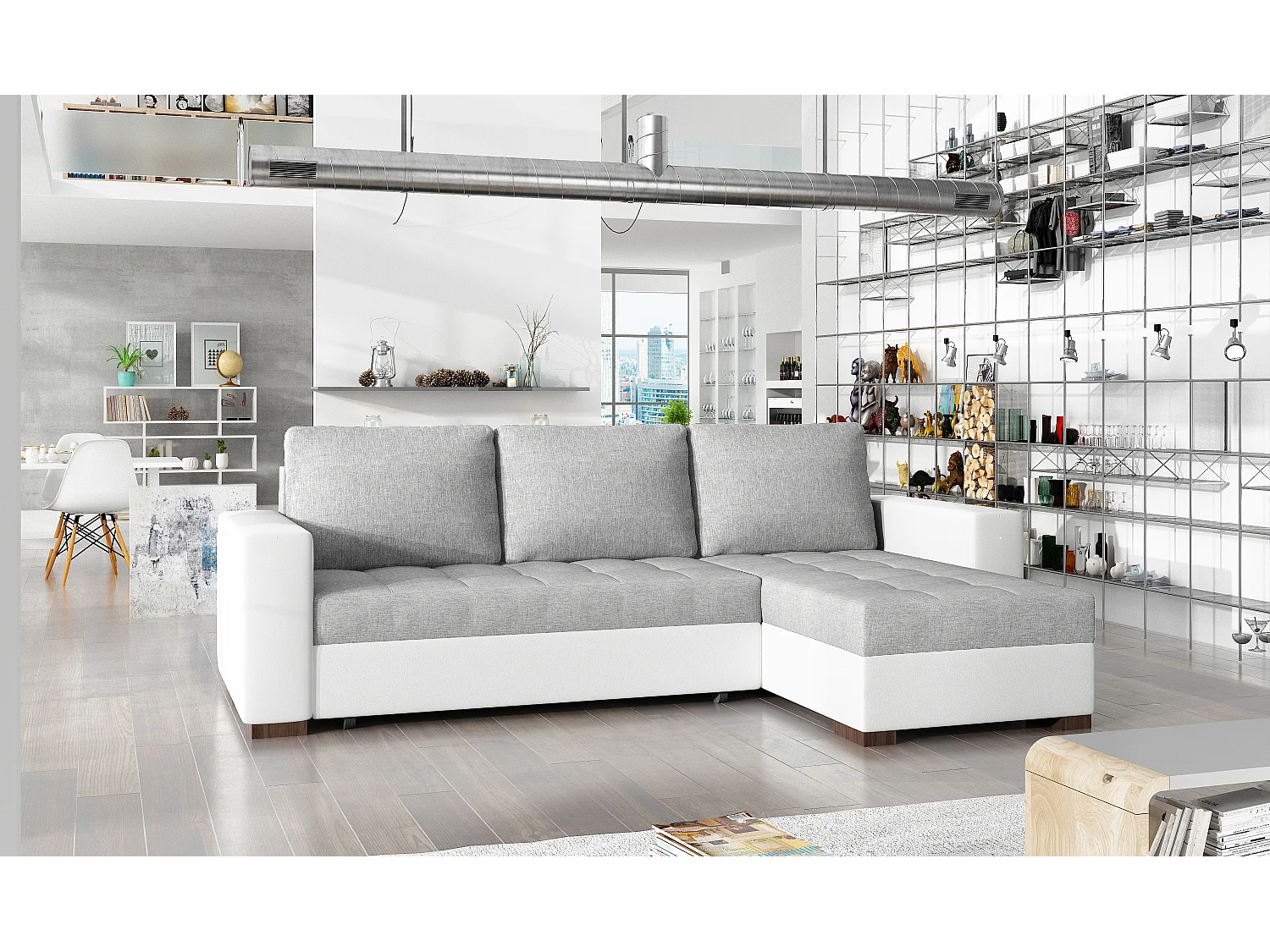 Canapé d'angle convertible et réversible tissu gris clair et simili cuir blanc Zelly 237cm