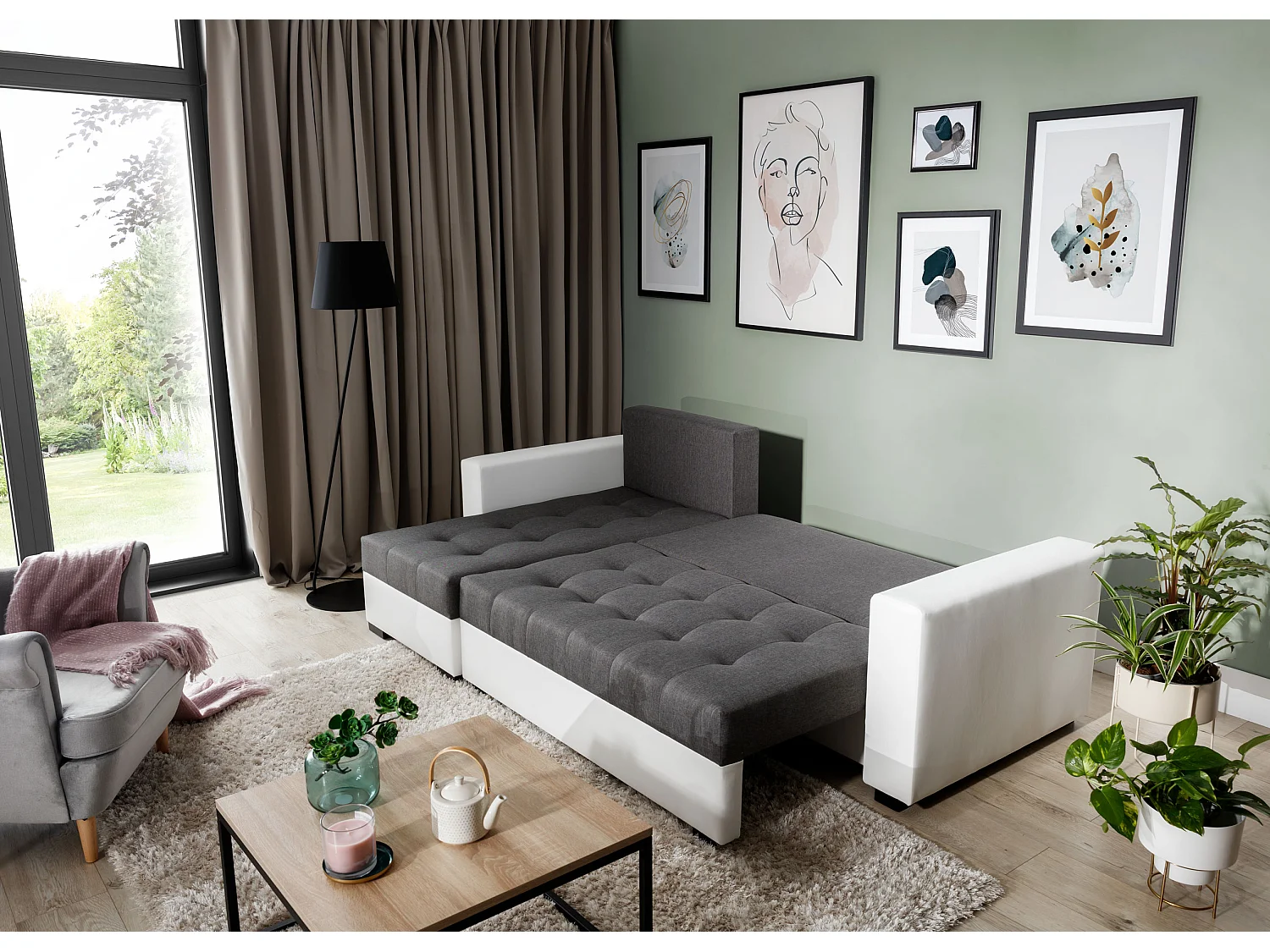 Canapé d'angle convertible et réversible tissu gris clair et simili cuir blanc Zelly 237cm