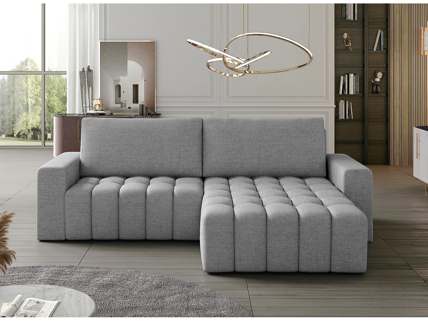 Canapé convertible design tissu matelassé gris clair chiné angle droit Bozen 250cm