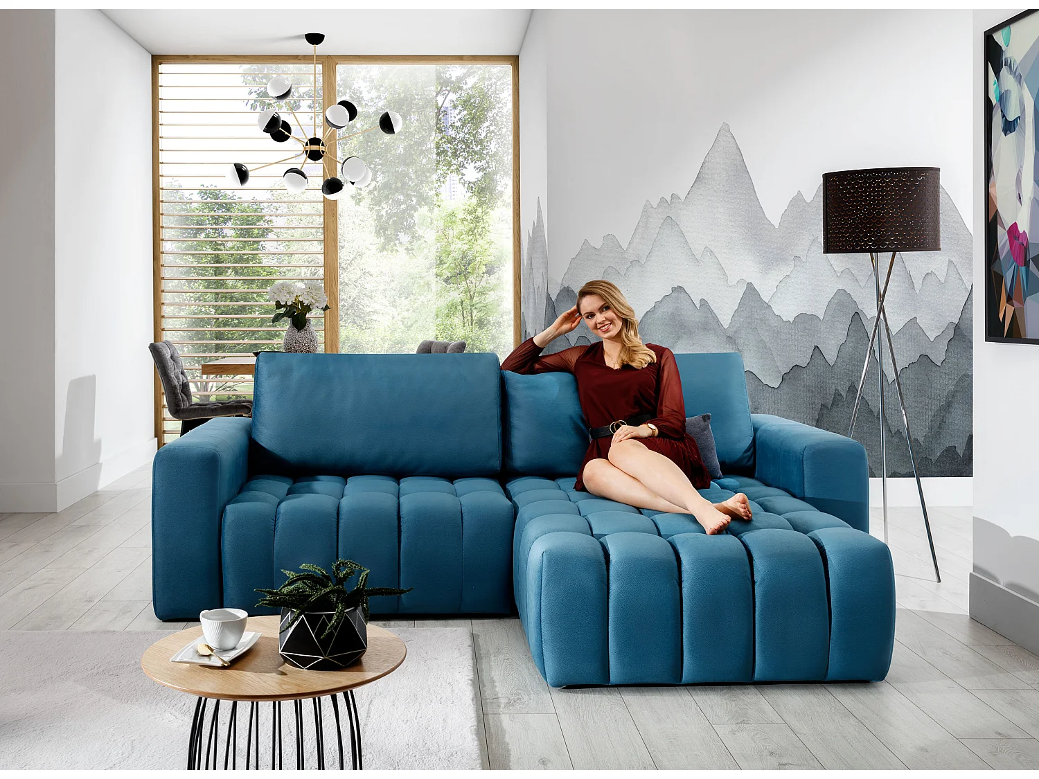 Canapé convertible design tissu matelassé gris clair chiné angle droit Bozen 250cm