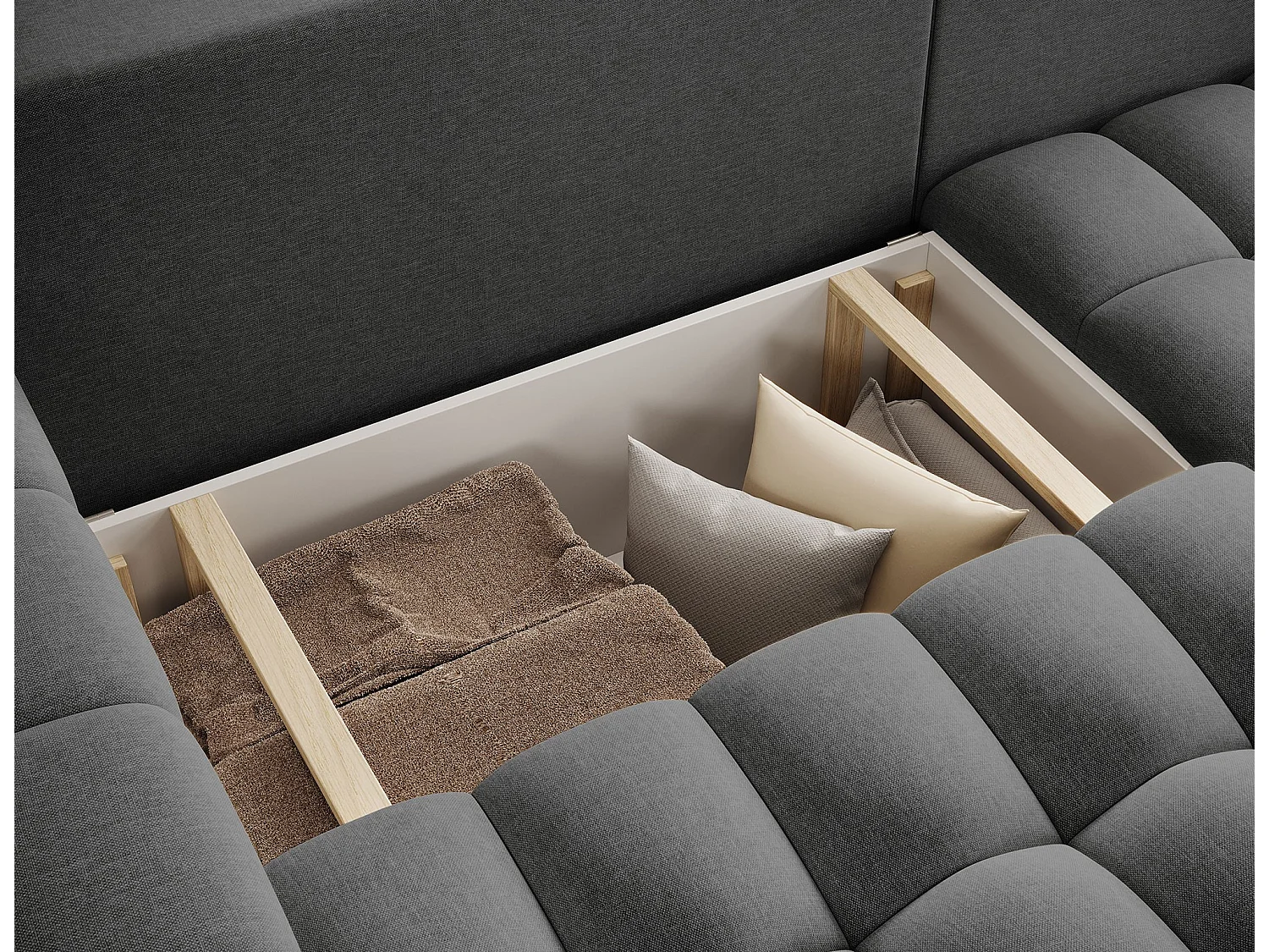 Bozen gewatteerde stoffen hoekbank – Converteerbaar en opbergruimte-Kleur Donkergrijs-juiste hoek