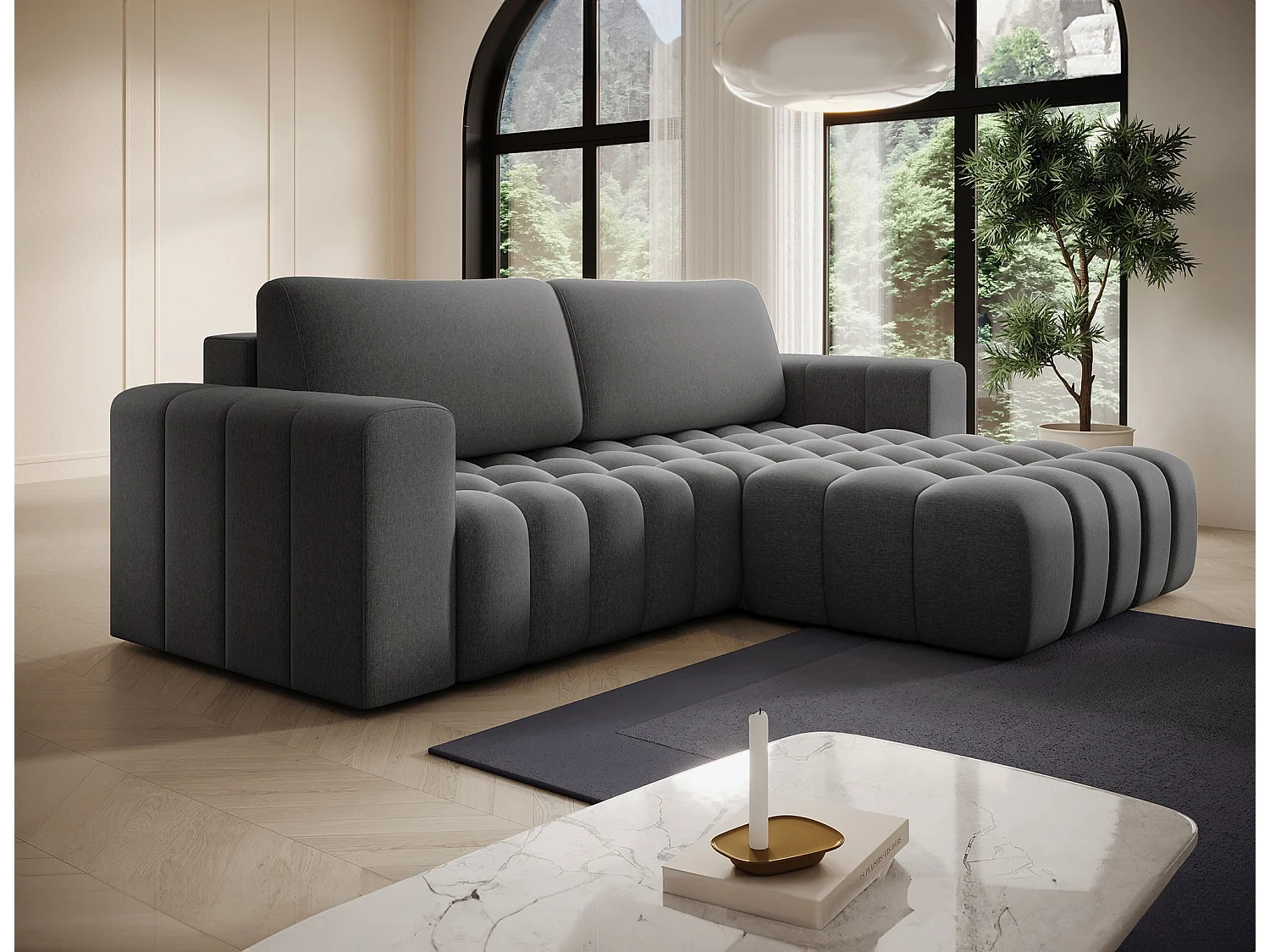 Bozen gewatteerde stoffen hoekbank – Converteerbaar en opbergruimte-Kleur Donkergrijs-juiste hoek