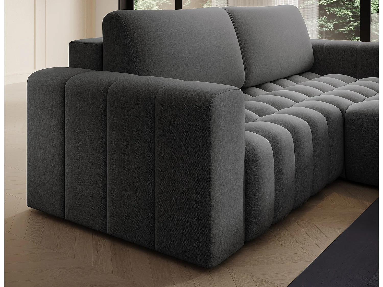 Bozen gewatteerde stoffen hoekbank – Converteerbaar en opbergruimte-Kleur Donkergrijs-juiste hoek