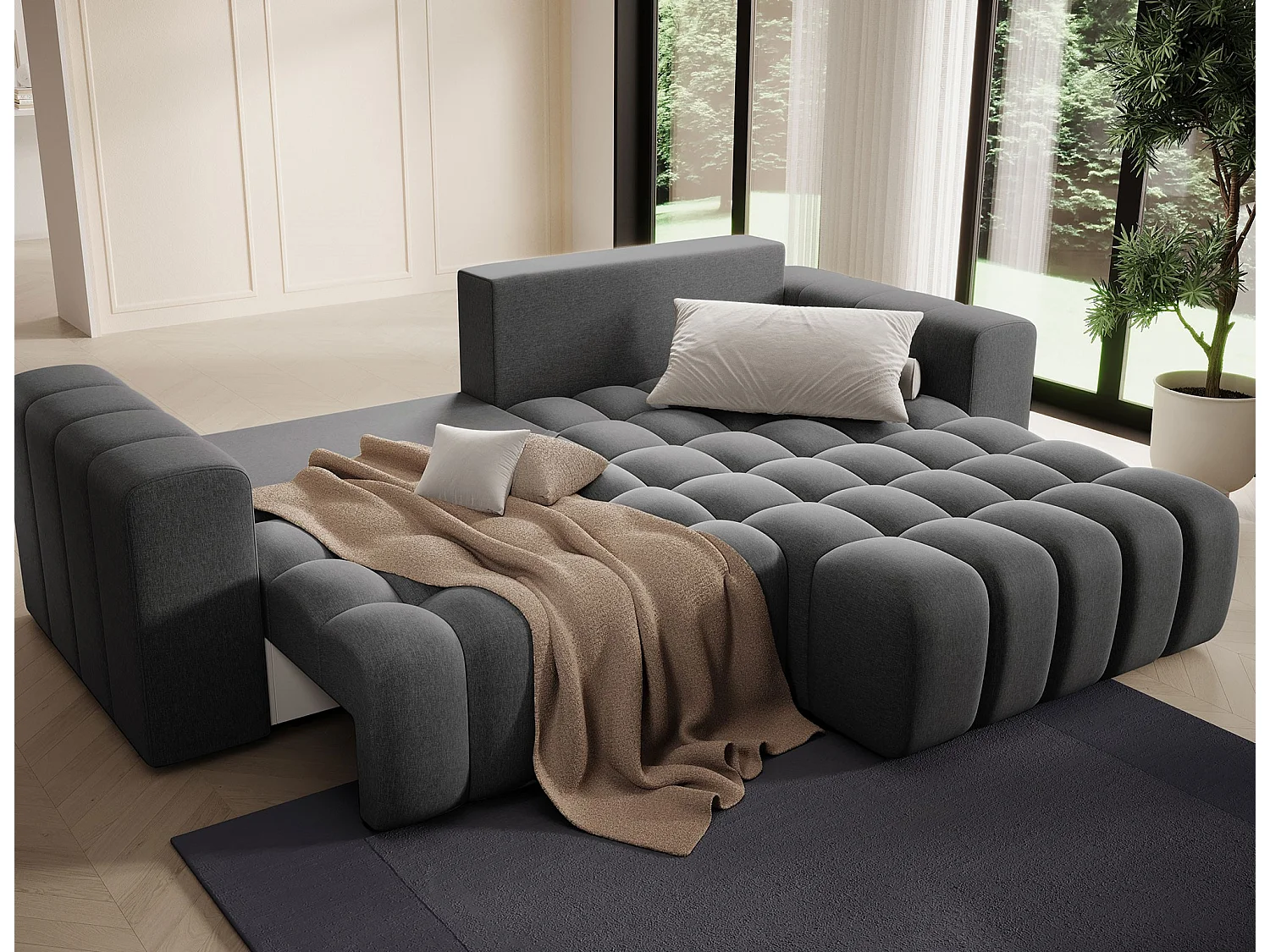 Bozen gewatteerde stoffen hoekbank – Converteerbaar en opbergruimte-Kleur Donkergrijs-juiste hoek