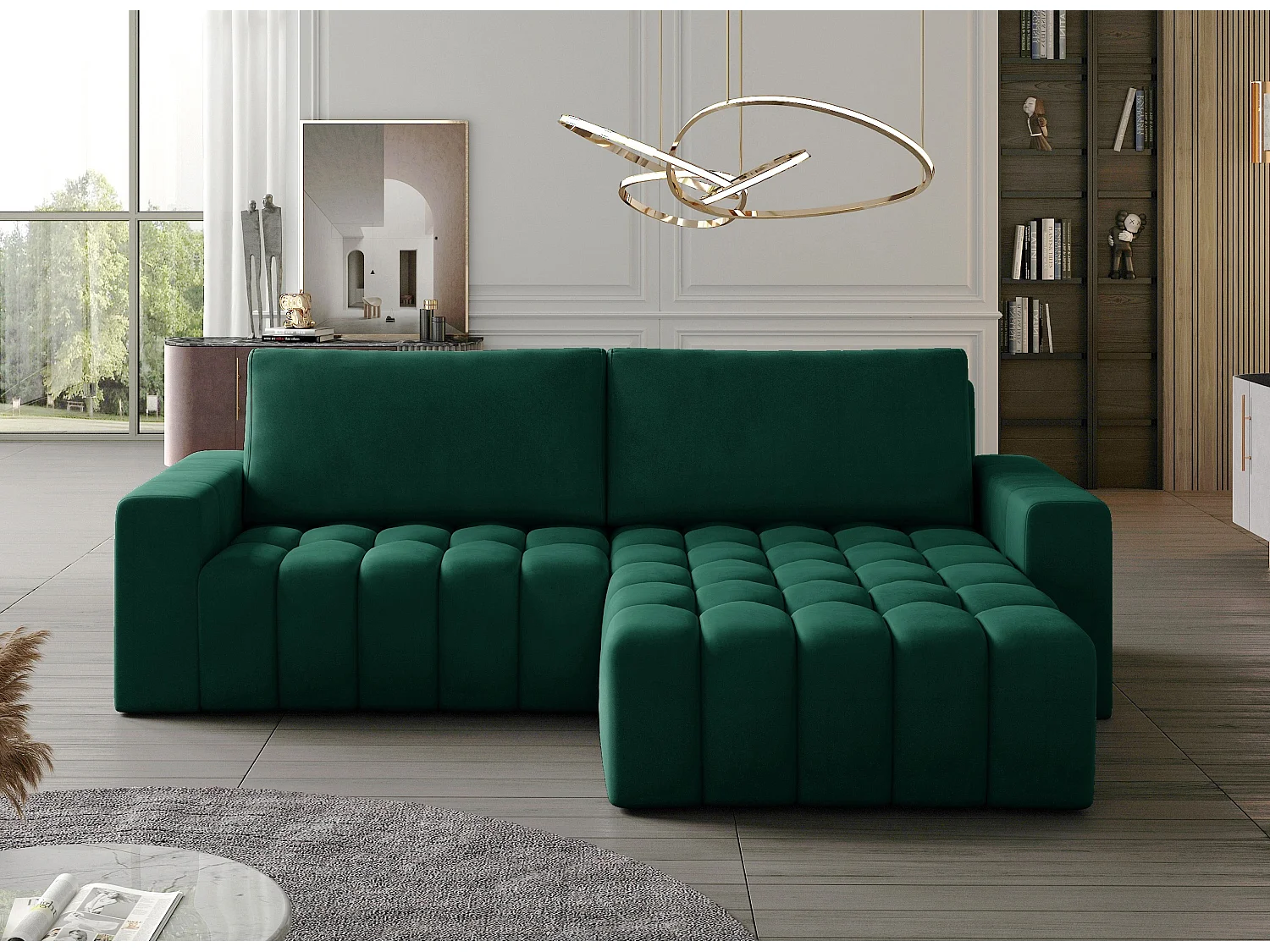 Canapé convertible design velours matelassé vert impérial angle droit Bozen 250cm