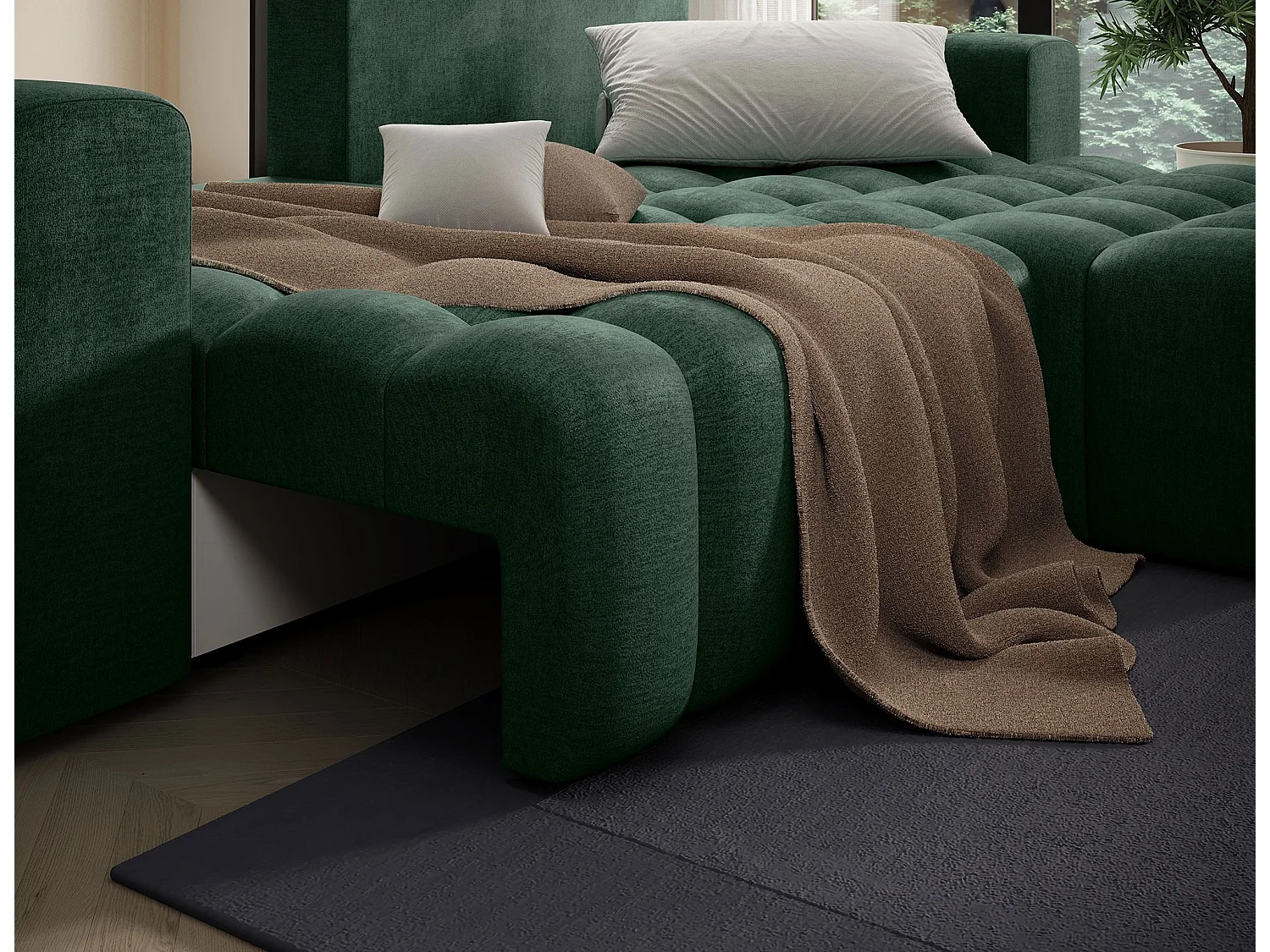 Canapé convertible design velours matelassé vert impérial angle droit Bozen 250cm