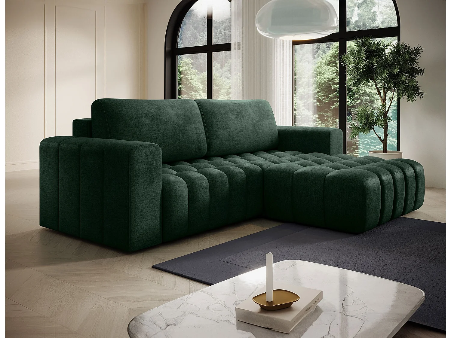 Canapé d’angle velours capitonné BOZEN – Convertible et rangement-Vert foncé-angle droit