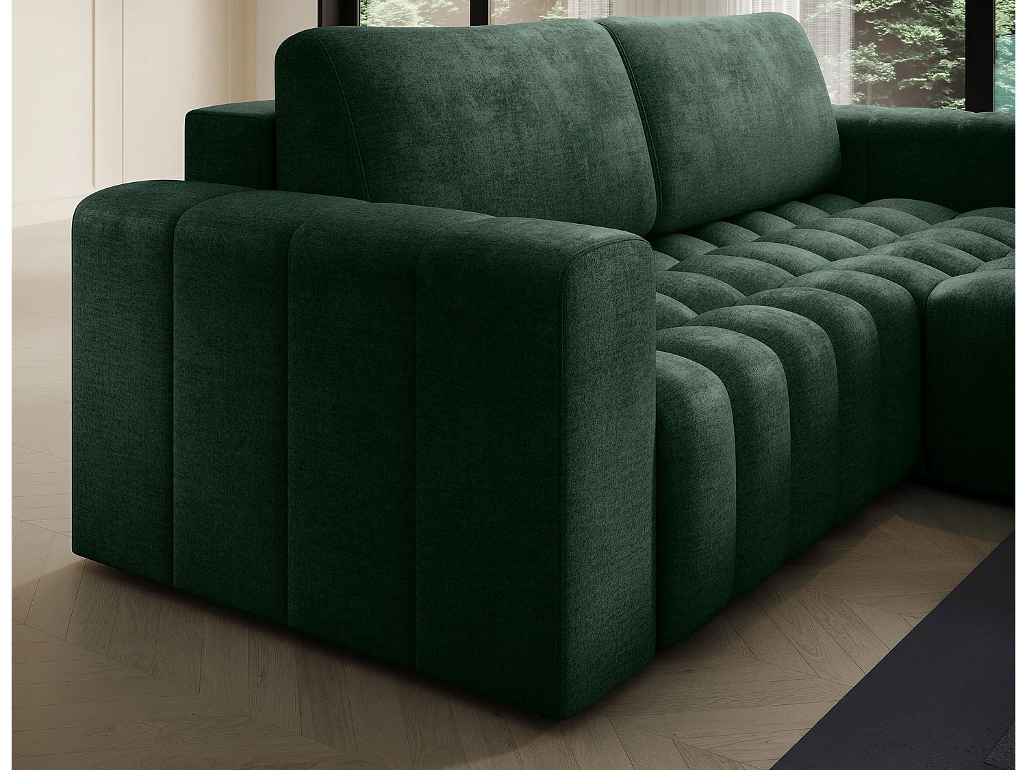 Canapé d’angle velours capitonné BOZEN – Convertible et rangement-Vert foncé-angle droit