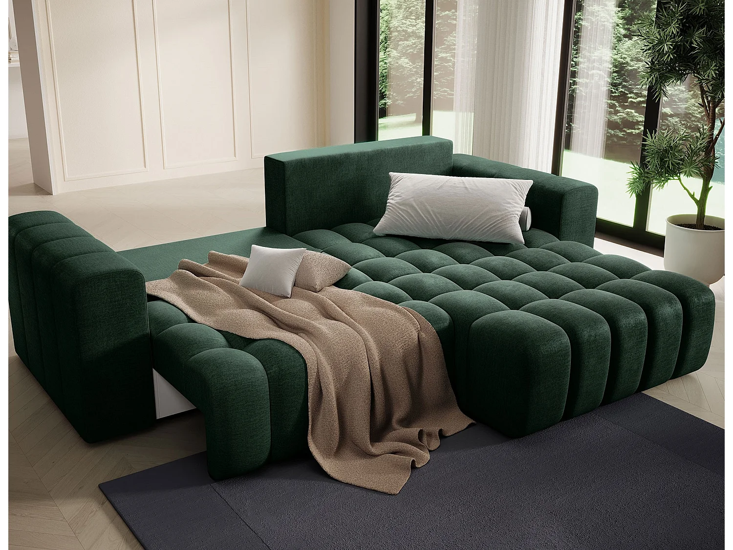 Canapé d’angle velours capitonné BOZEN – Convertible et rangement-Vert foncé-angle droit