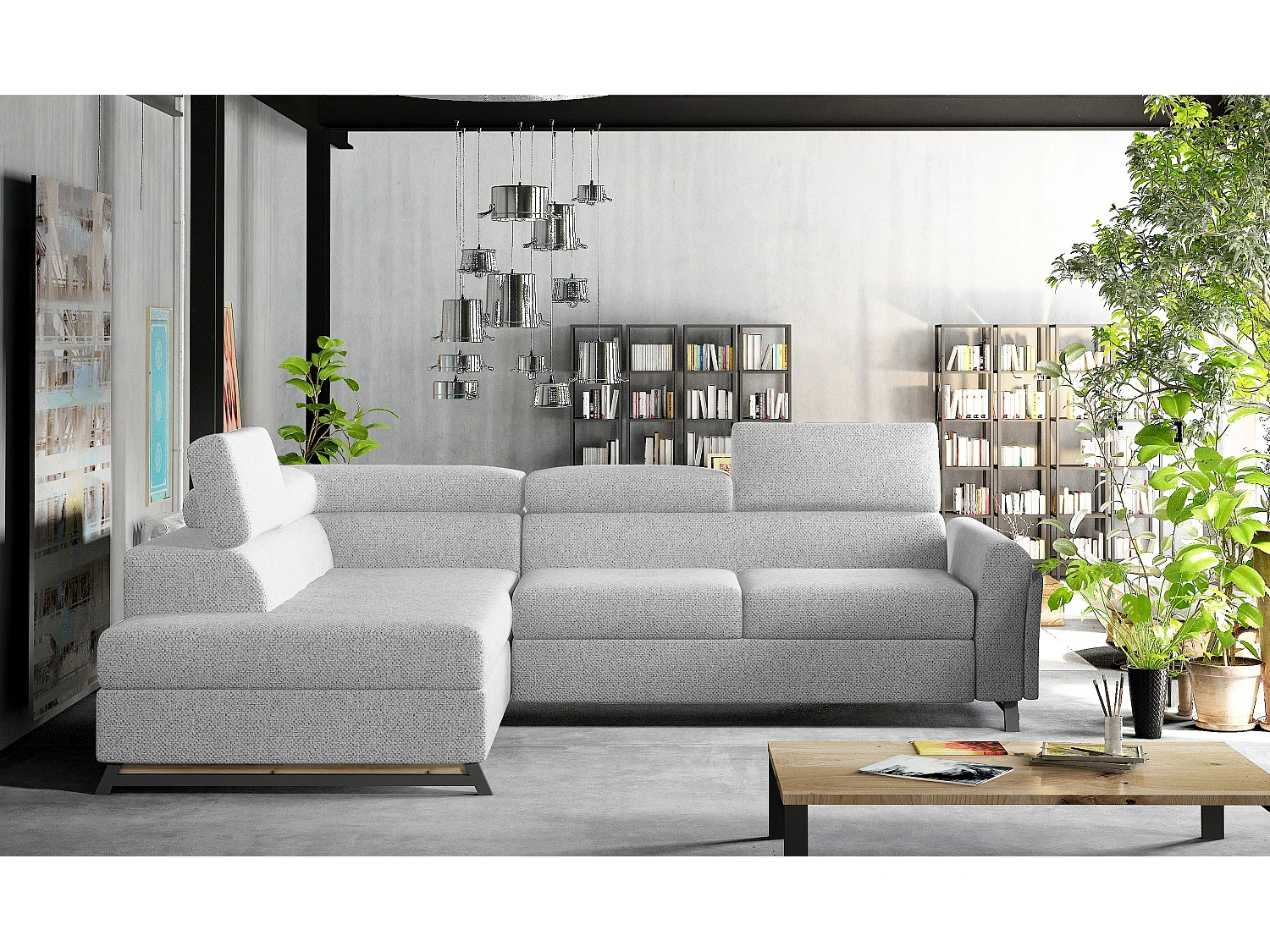 Canapé angle gauche convertible tissu gris clair avec têtières réglables Nikos 265cm 2