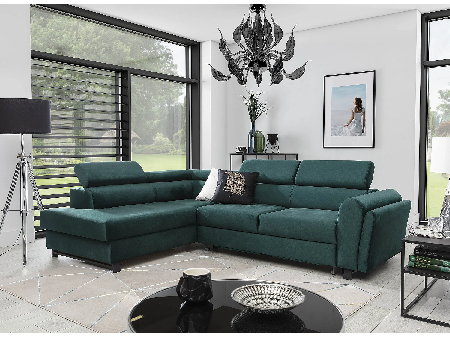 Canapé angle gauche convertible tissu gris clair avec têtières réglables Nikos 265cm 2