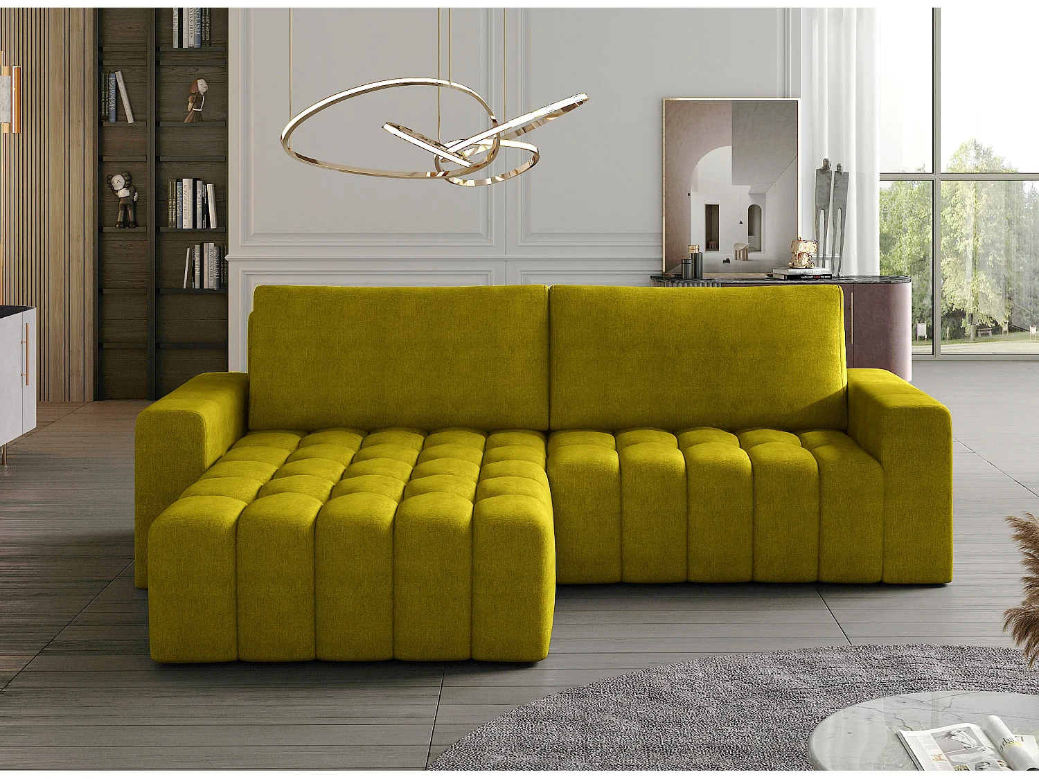 Canapé d’angle velours capitonné BOZEN – Convertible et rangement-Jaune moutarde-angle gauche