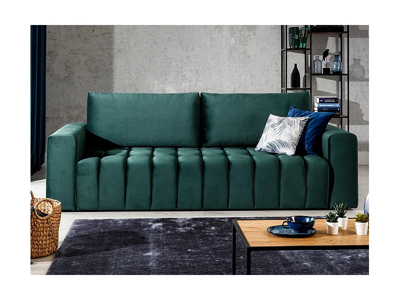 Canapé convertible 3 places velours vert avec coffre de rangement Larko 245cm