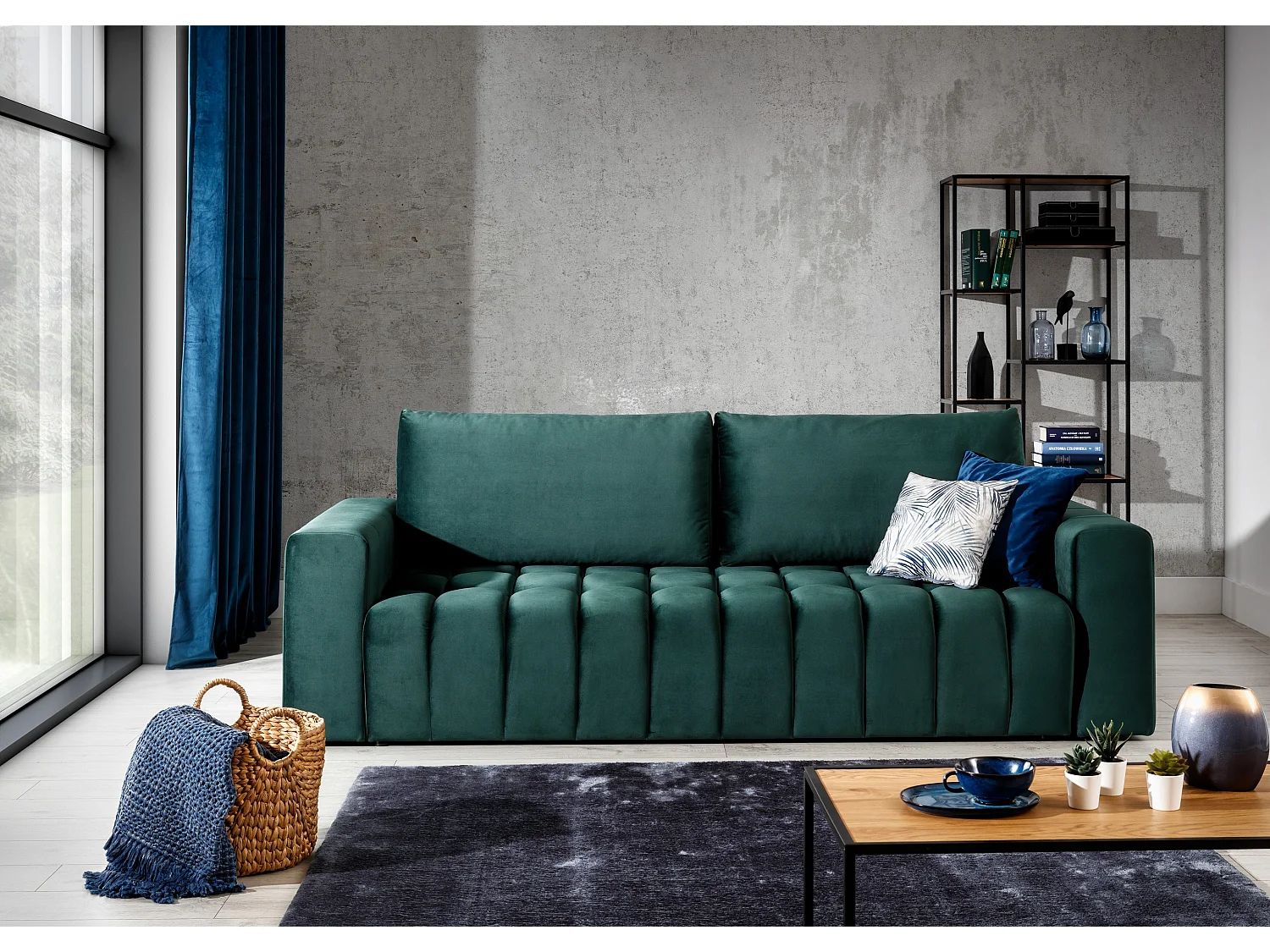 Canapé convertible 3 places velours vert avec coffre de rangement Larko 245cm