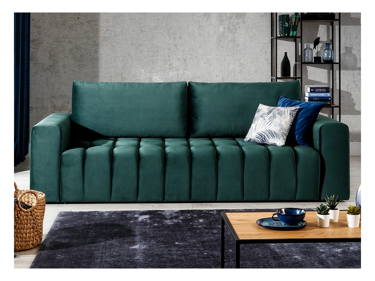 Canapé convertible 3 places velours vert avec coffre de rangement Larko 245cm
