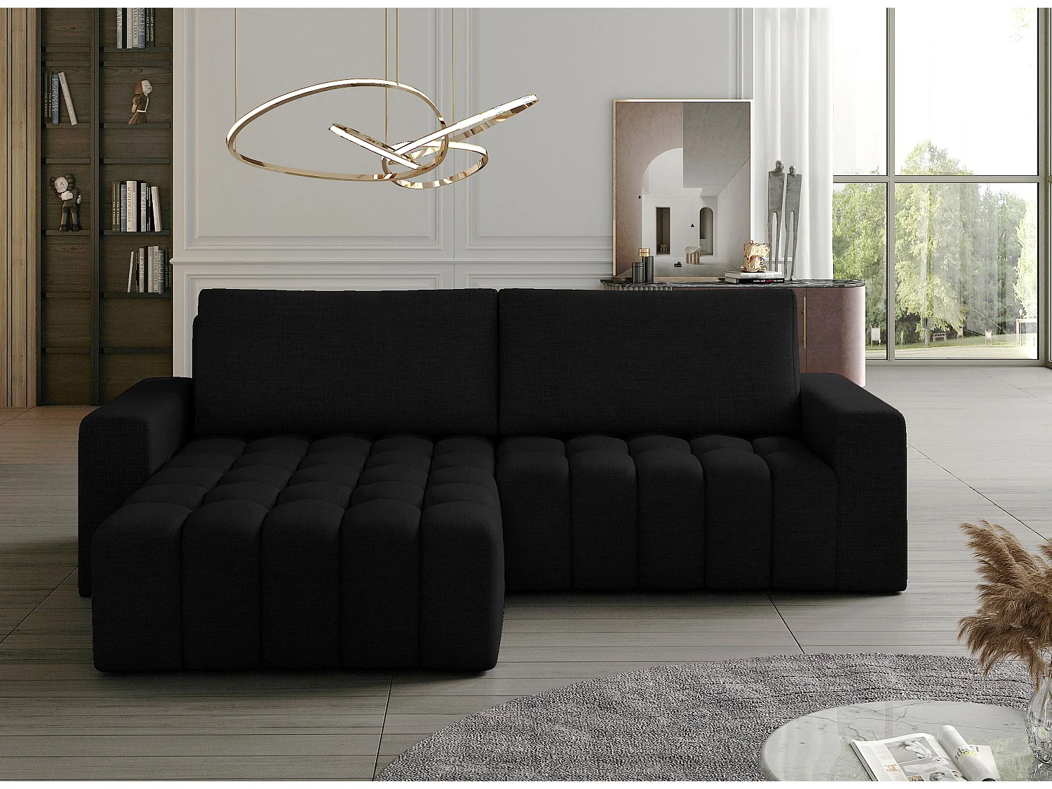 Canapé convertible design tissu matelassé noir angle gauche Bozen 250cm