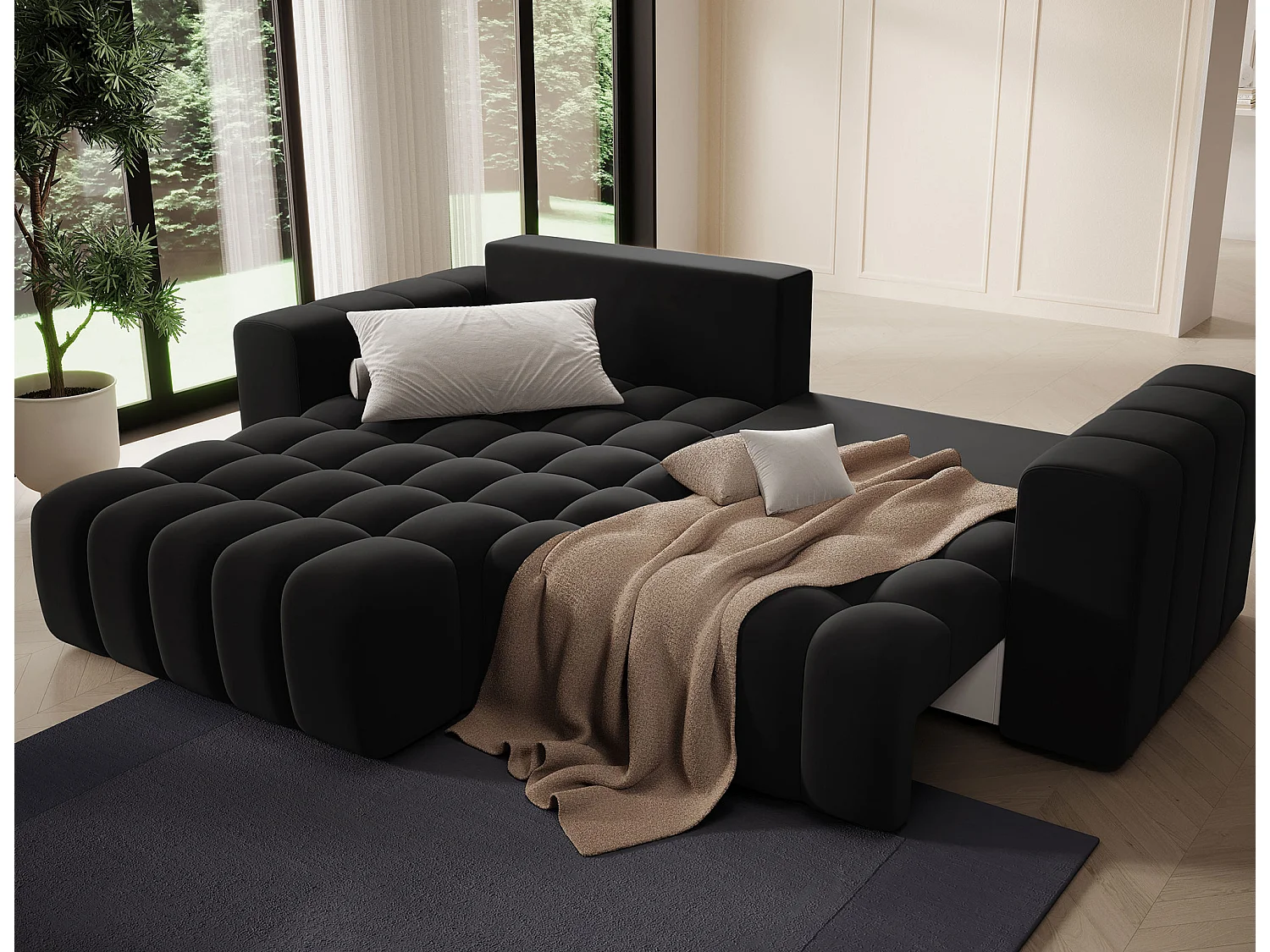 Canapé convertible design tissu matelassé noir angle gauche Bozen 250cm