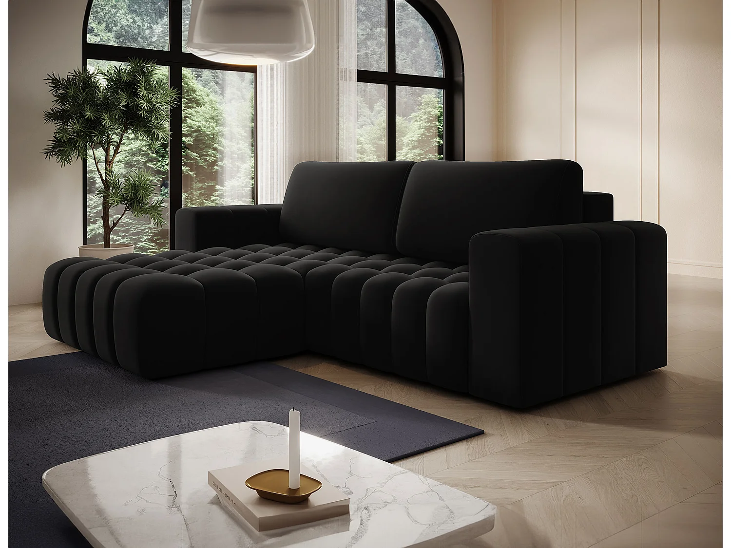 Canapé d’angle tissu capitonné BOZEN – Convertible et rangement-Noir-angle gauche