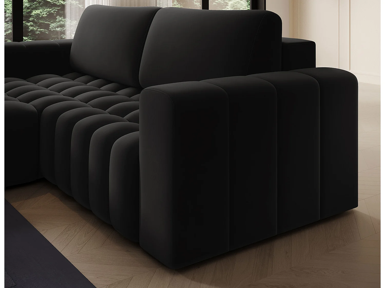 Canapé d’angle tissu capitonné BOZEN – Convertible et rangement-Noir-angle gauche