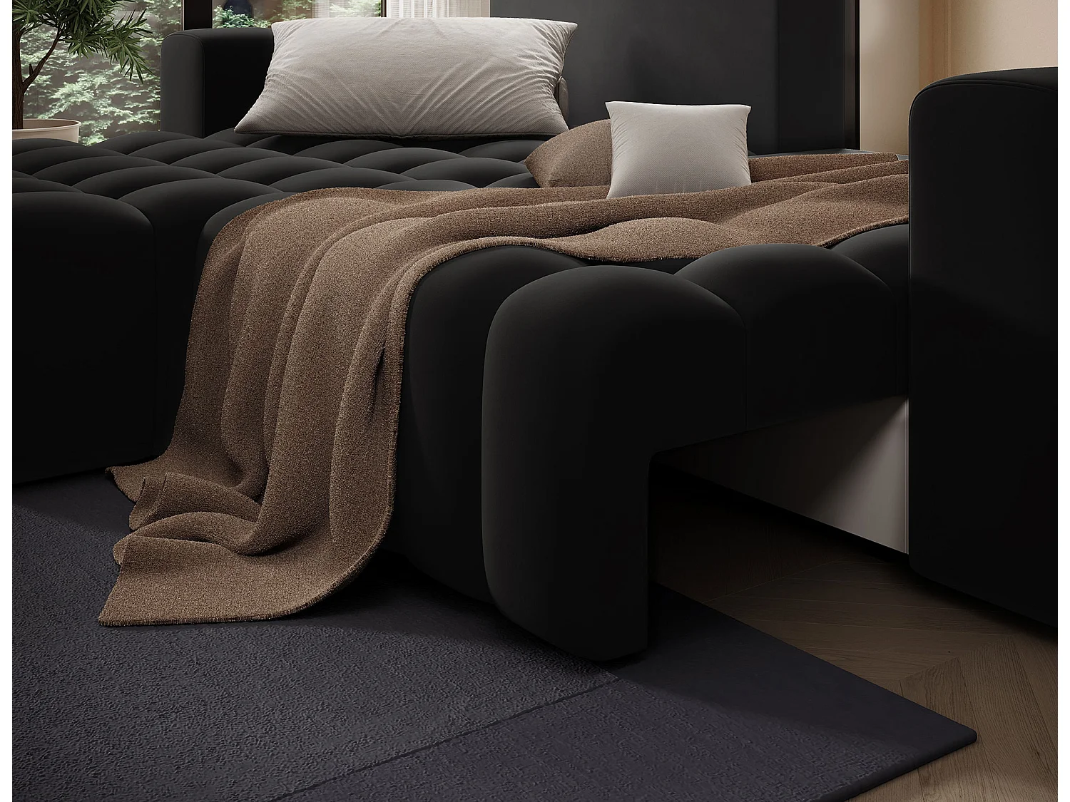 Canapé d’angle tissu capitonné BOZEN – Convertible et rangement-Noir-angle gauche