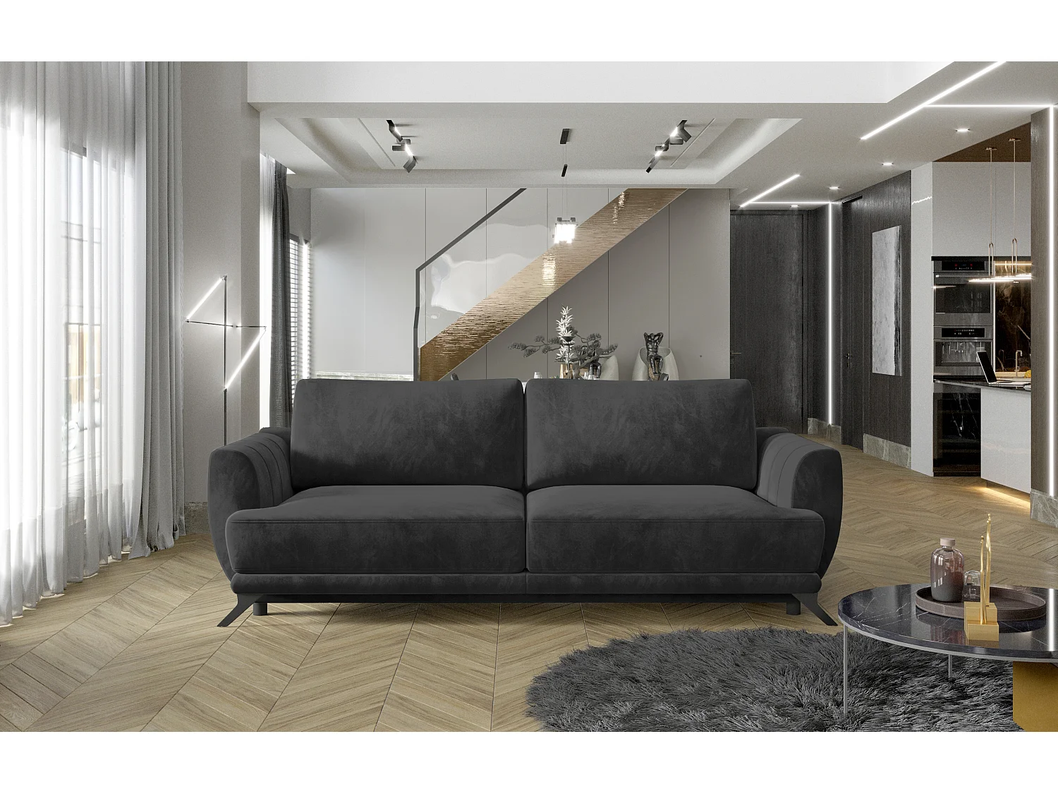 Canapé convertible 3-4 places velours gris foncé et pieds métal noir Zora 250cm