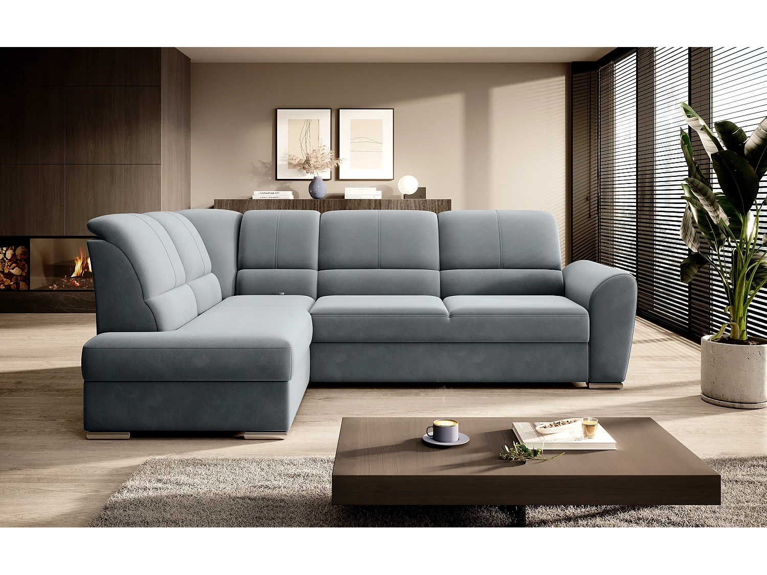 Canapé angle gauche convertible velours gris et pieds acier chromé Zabor 270cm